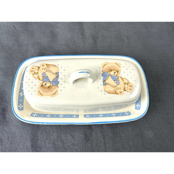 Vintage 1990 Tienshan Stoneware Teddy Bear Covered Butter Dish - Picture 2 of 8